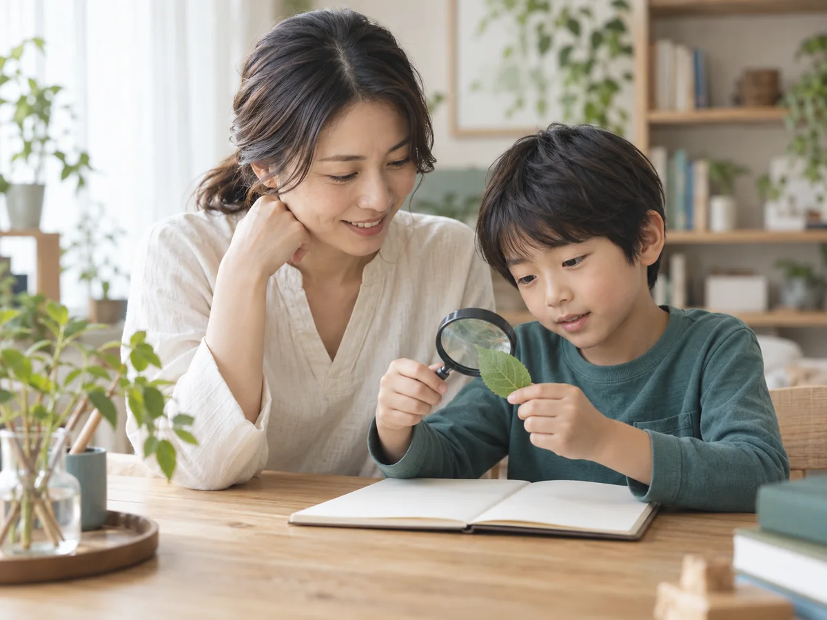 窓辺のテーブルで植物を観察しながら一緒に学ぶ親子