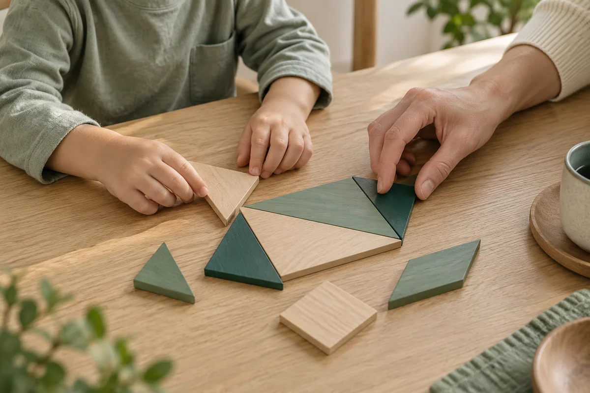木製の図形パズルを親子で考える手元