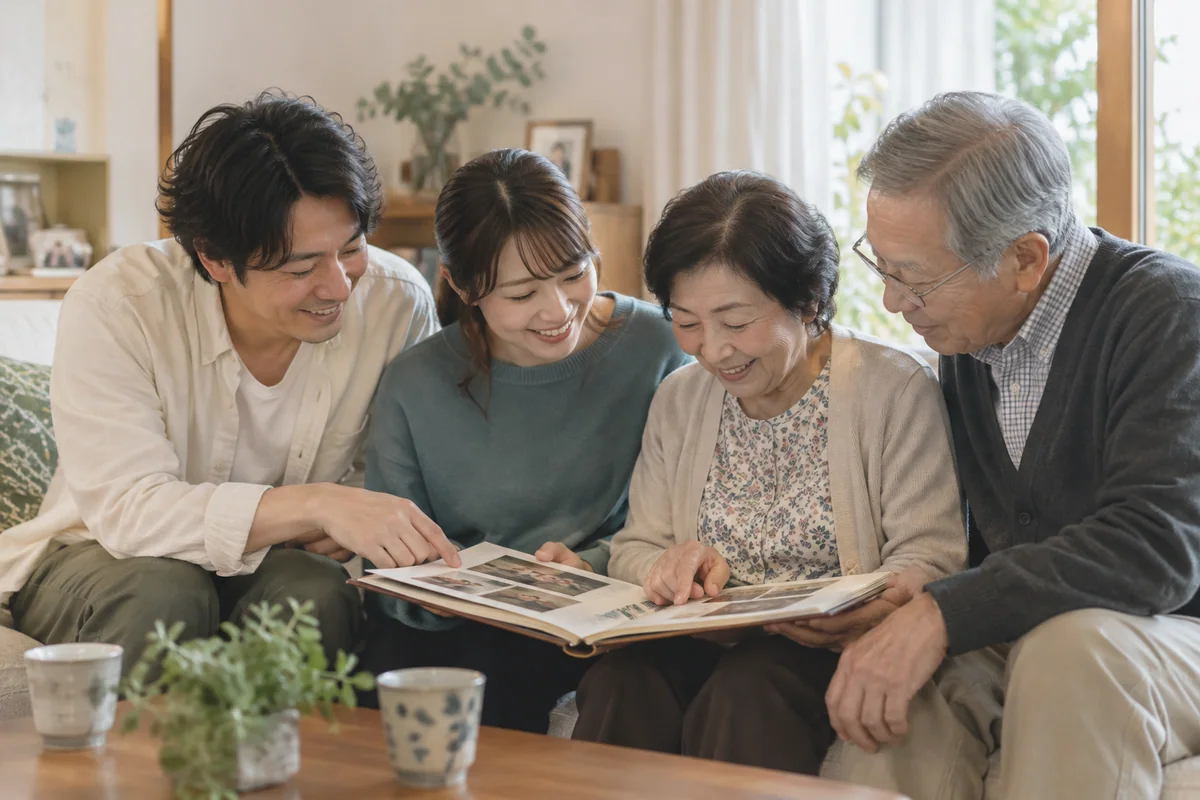 家族で写真アルバムを見返す場面