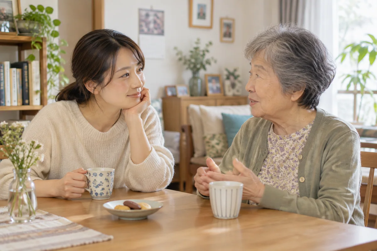 家族の話を穏やかに聞く場面
