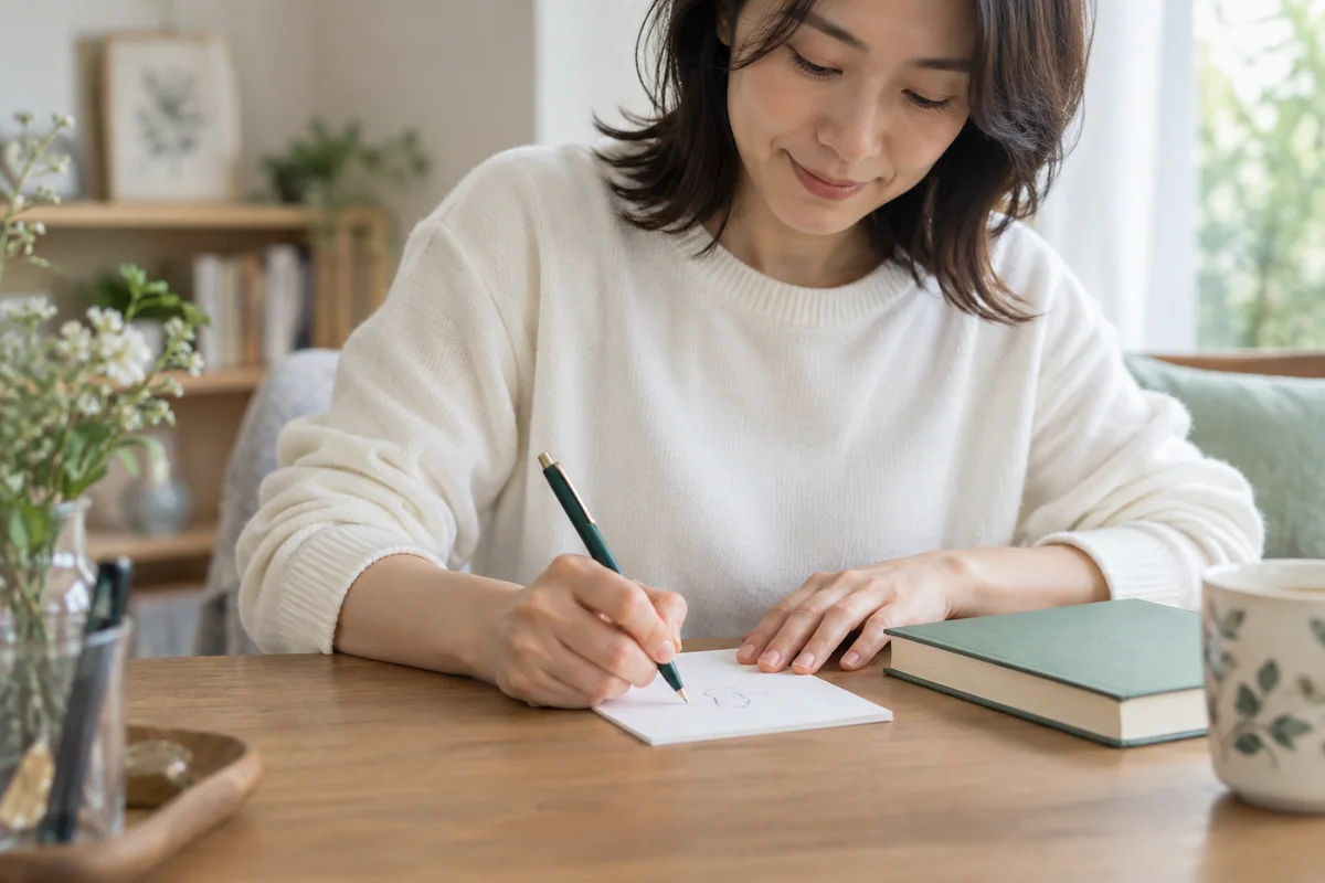 本を閉じて思い出したことを書き出す場面