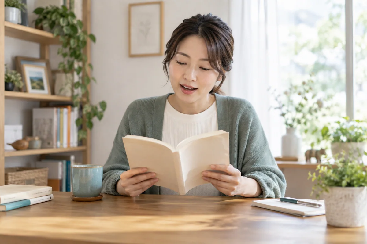 自宅の落ち着いた机で、無理のない姿勢で本を声に出して読む成人