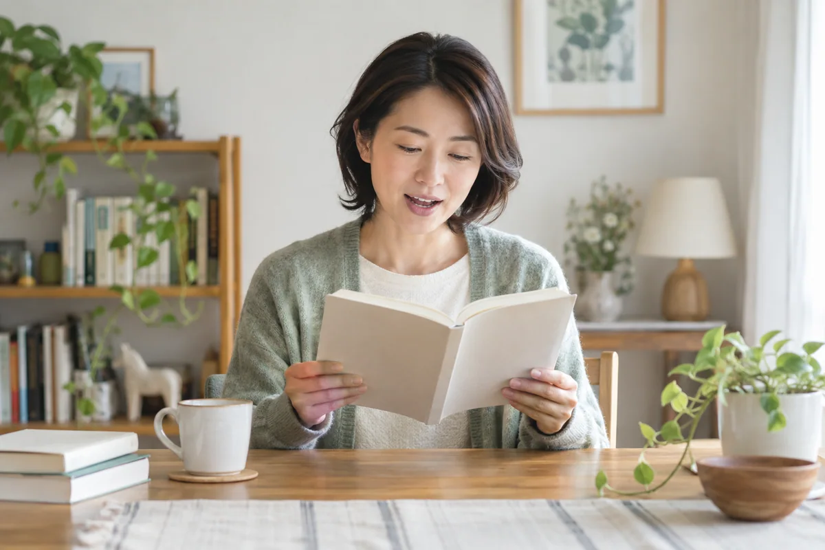 自宅の落ち着いた机で、無理のない姿勢で本を声に出して読む成人