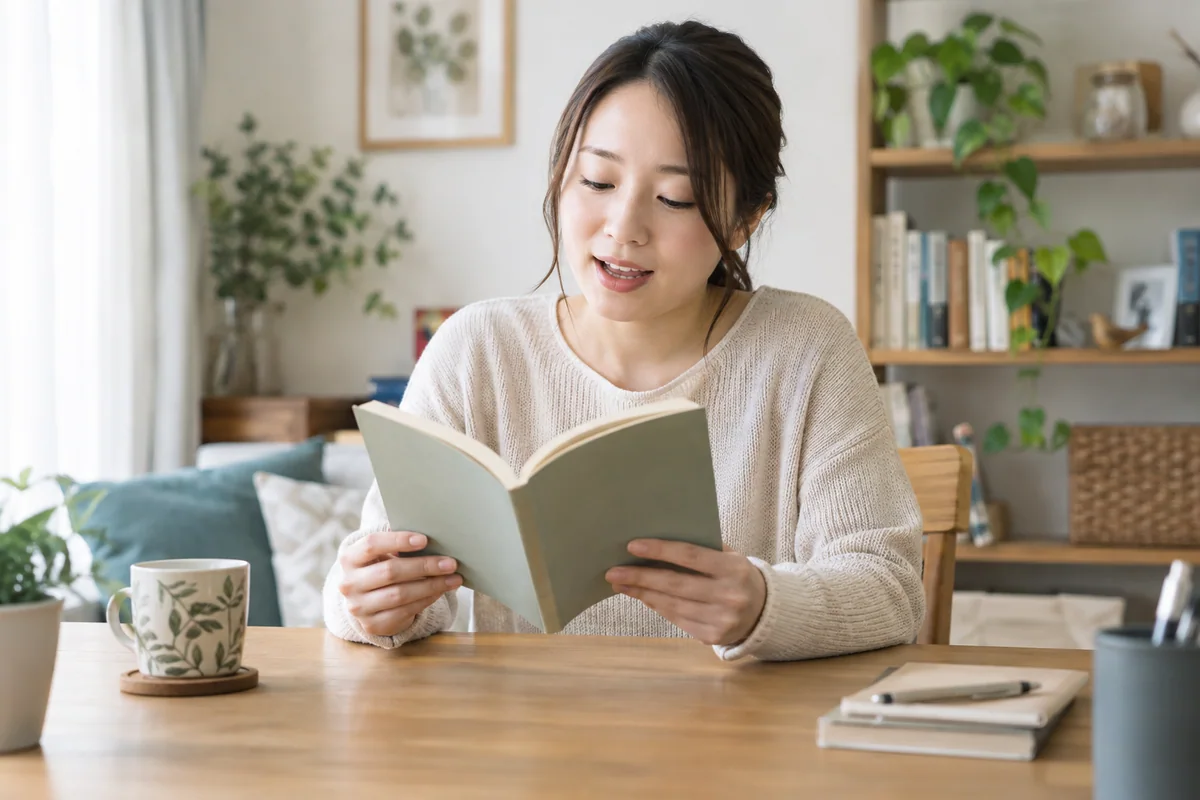 自宅の落ち着いた机で、無理のない姿勢で本を声に出して読む成人