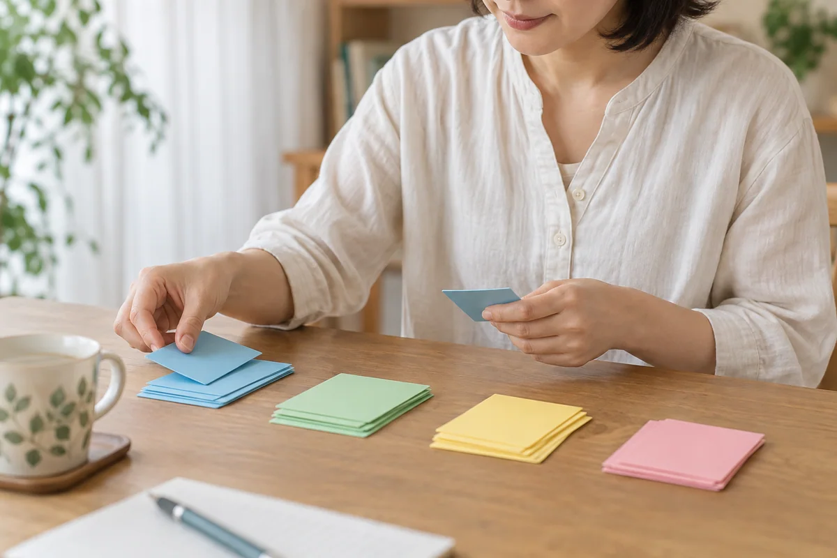 少数の色分けしたカードをまとまりごとに整理する手元