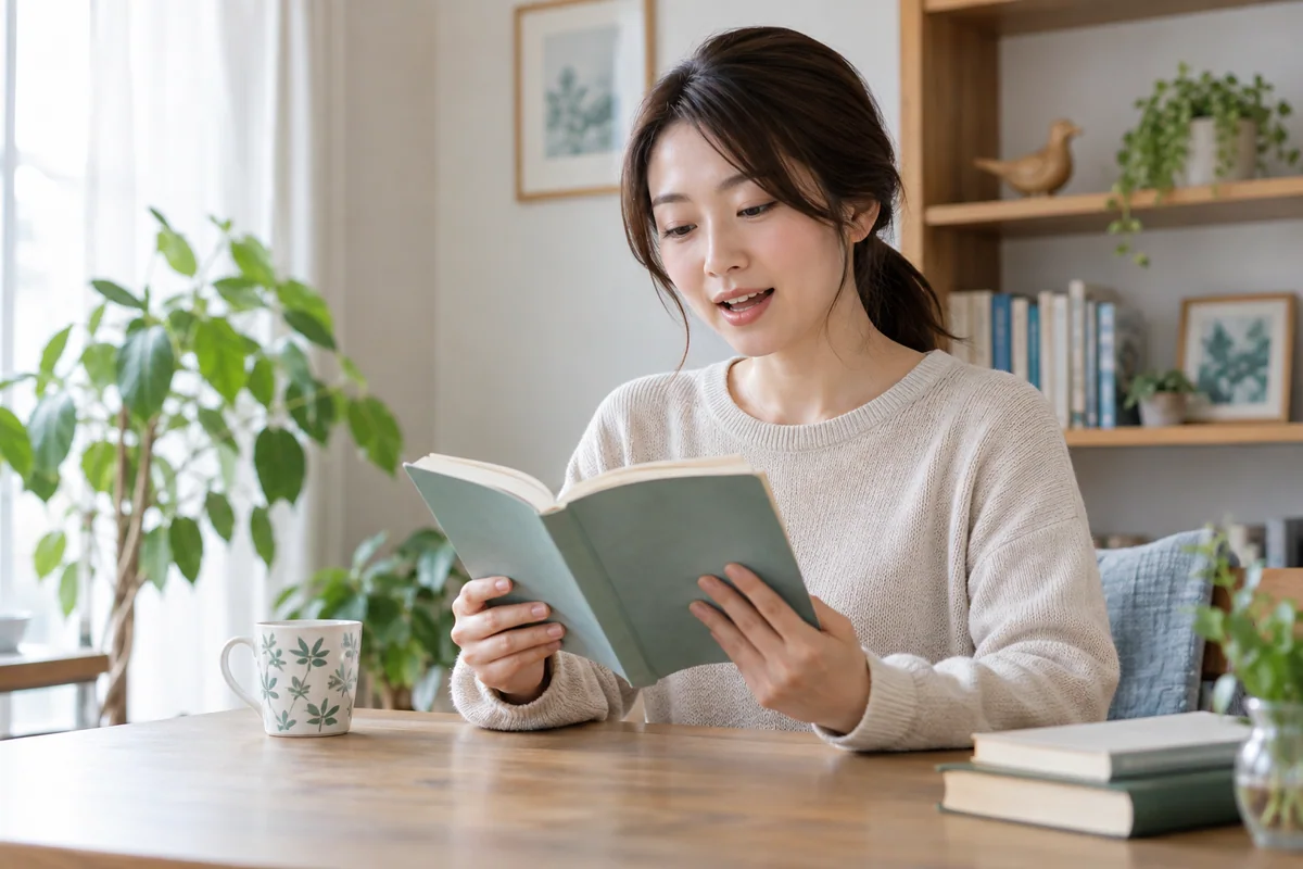 自宅の落ち着いた机で、無理のない姿勢で本を声に出して読む成人