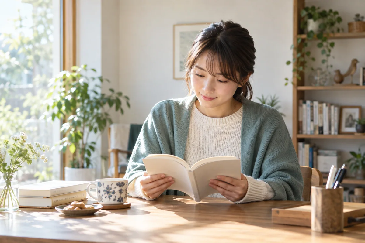 午後の自然光が差す机で読書する成人