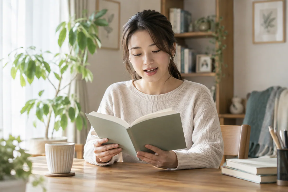 自宅の落ち着いた机で、無理のない姿勢で本を声に出して読む成人