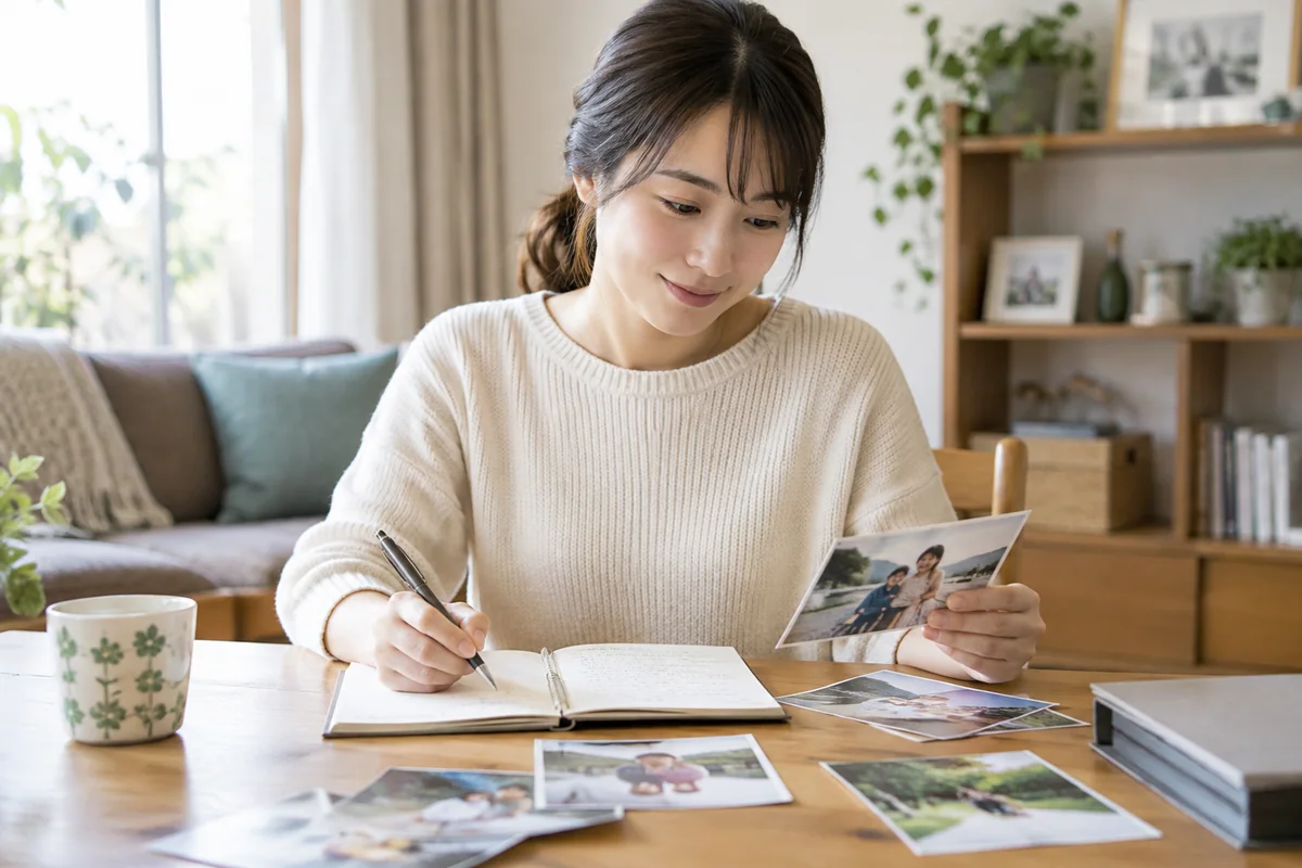 写真を見ながら出来事をノートに記録する場面