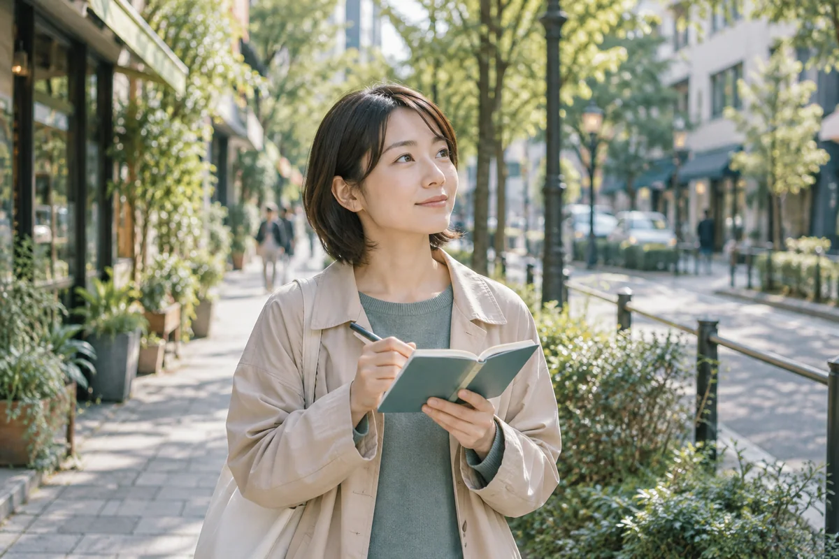 街の風景と見比べながら小さなノートに記録する成人