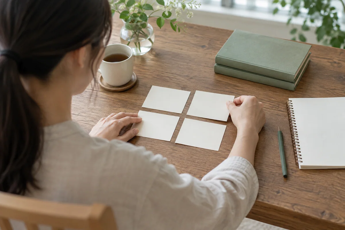 白紙のカードを小さなまとまりに整理する手元