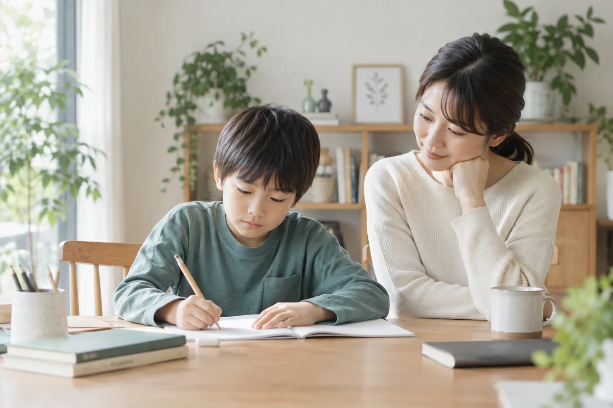 親が子どもの作業を見守る、刺激の少ない落ち着いた学習空間