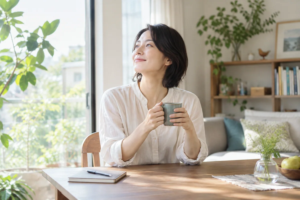 明るい窓辺で姿勢を整えて一息つく成人