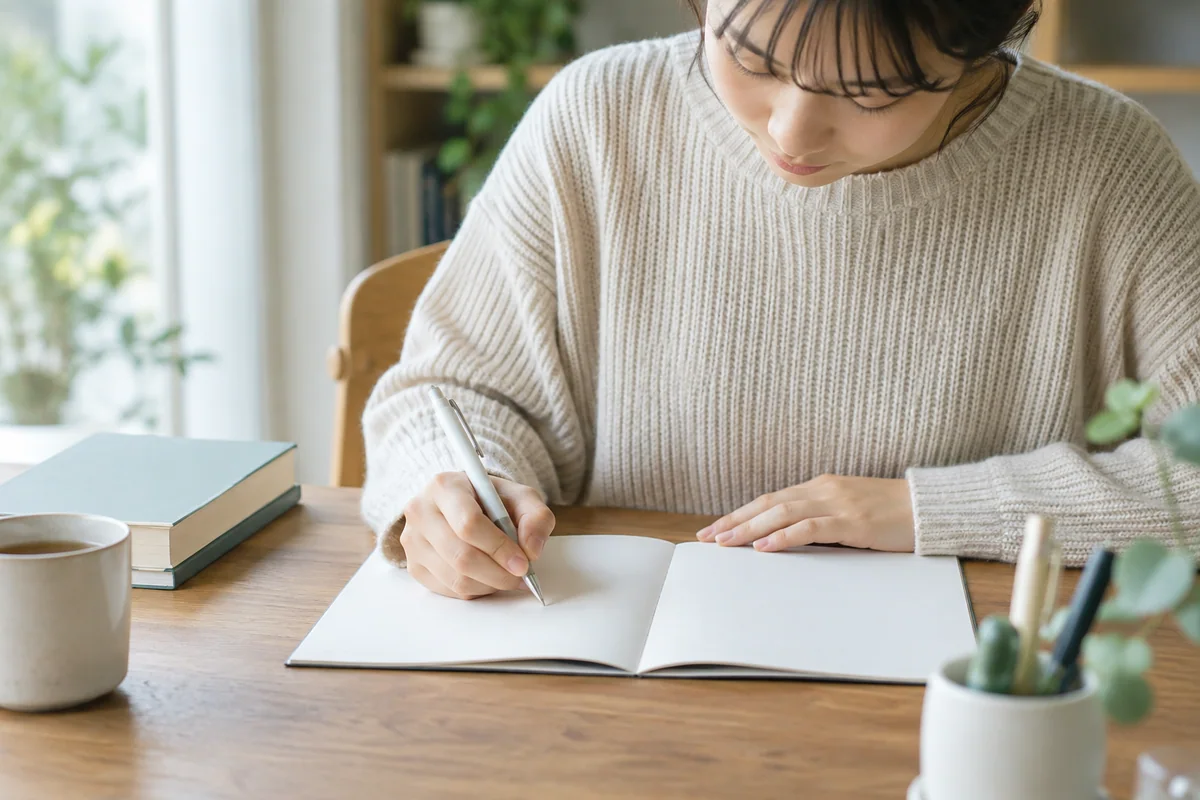 参考書を閉じて白紙のノートに思い出した内容を書く手元