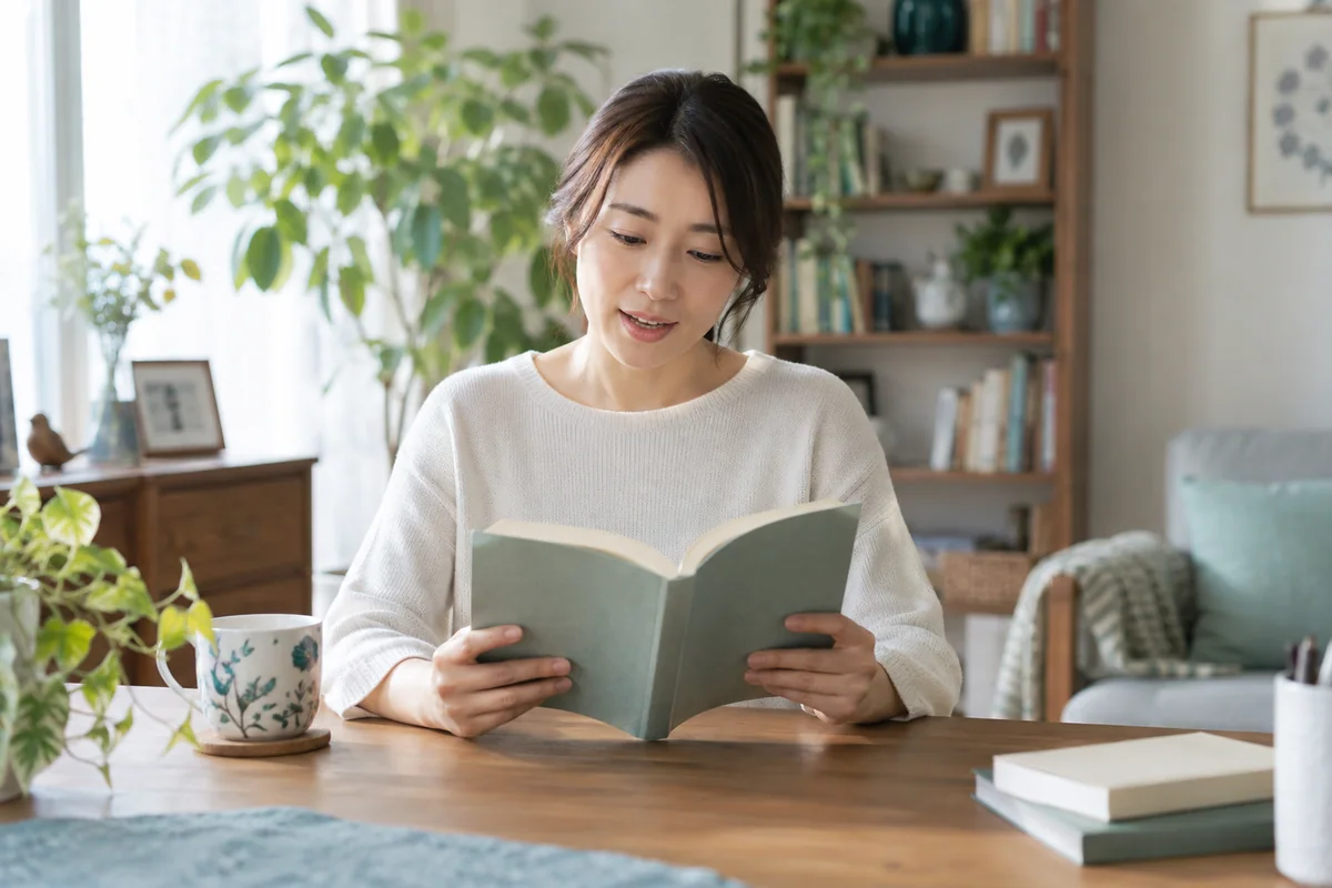 自宅の落ち着いた机で、無理のない姿勢で本を声に出して読む成人