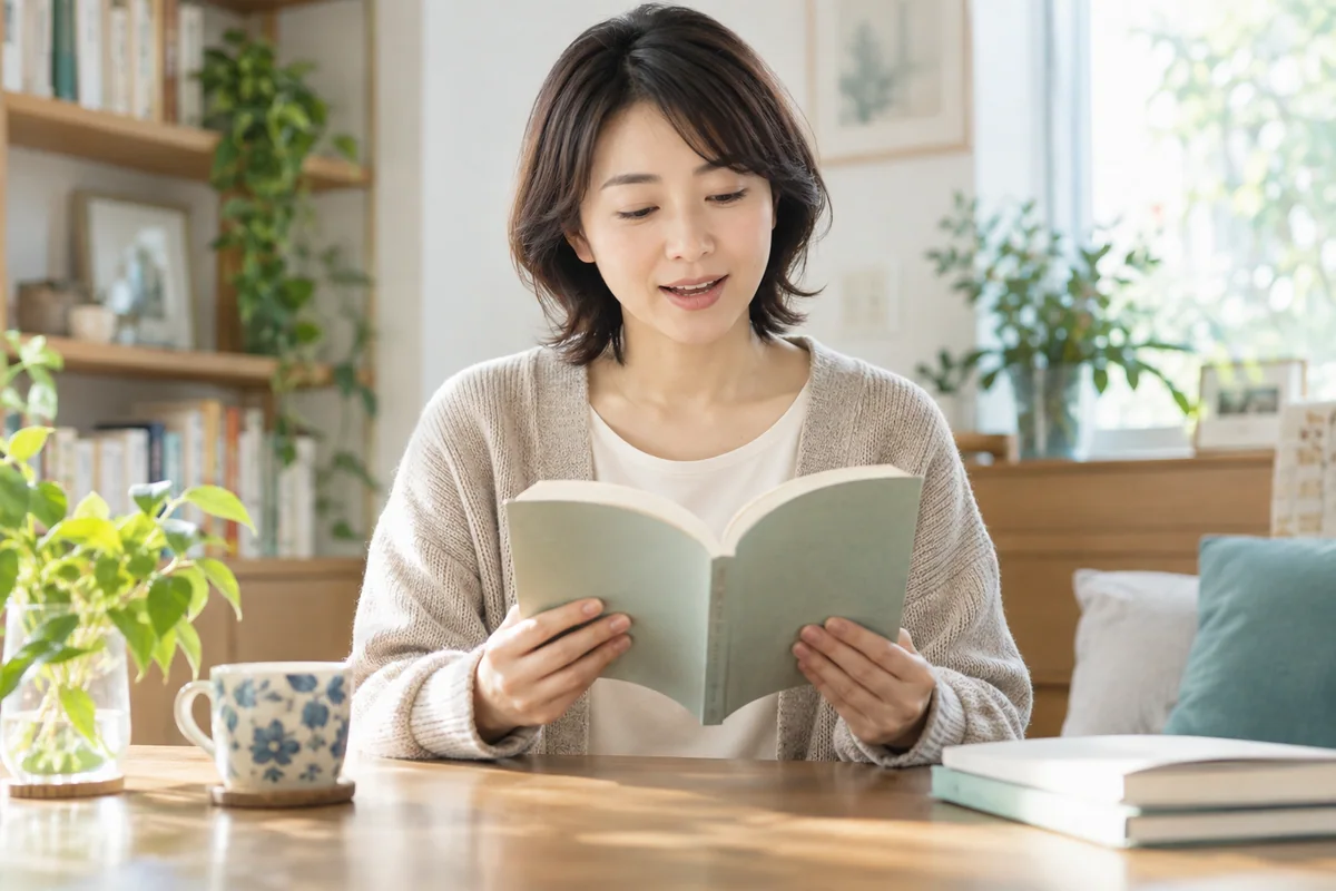 自宅の落ち着いた机で、無理のない姿勢で本を声に出して読む成人