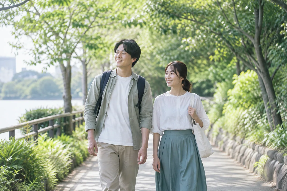屋外を歩く成人と緑の遊歩道